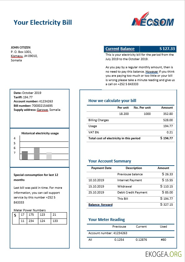 Somalia Nescom electricity bill in word format template